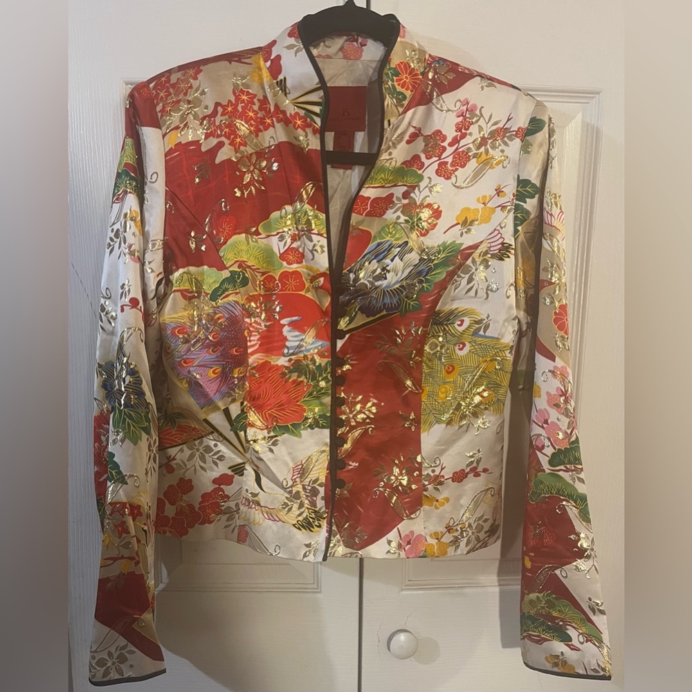 JS Collections Asian Style Floral Silk Metallic Jacket & Wide Leg Pants Size 12 - Picture 3 of 17